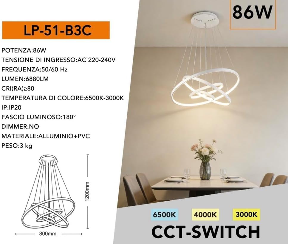Lampadario LED Moderno a Sospensione 86W 6880LM, 3 Colori Luce 3000K 4000K 6500K, CCT Switch, Design Anelli, Lampadario per Soggiorno Sala da Pranzo Camera, LP-51-B3C