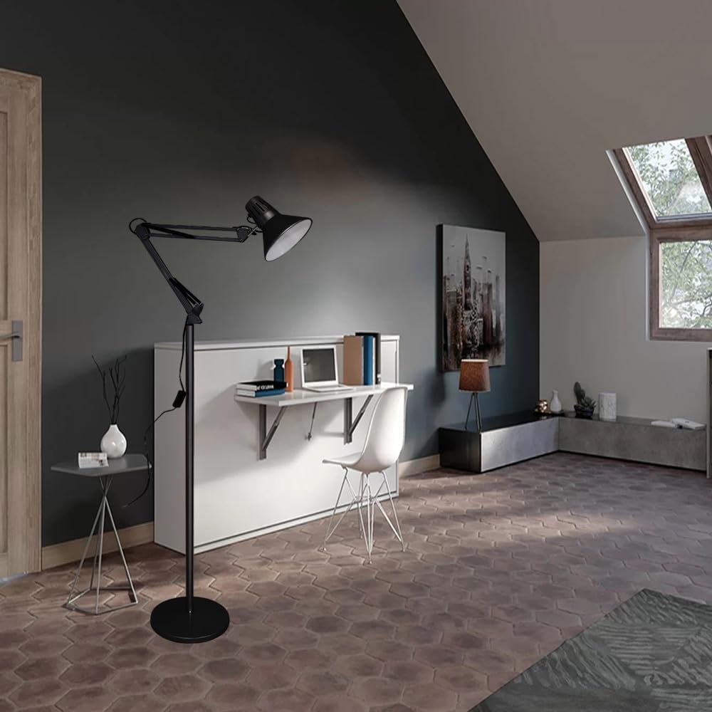Lampada da Terra – Piantana Regolabile con Braccio Orientabile, Attacco E27, Max 60W, Design Moderno per Studio, Ufficio e Soggiorno D15