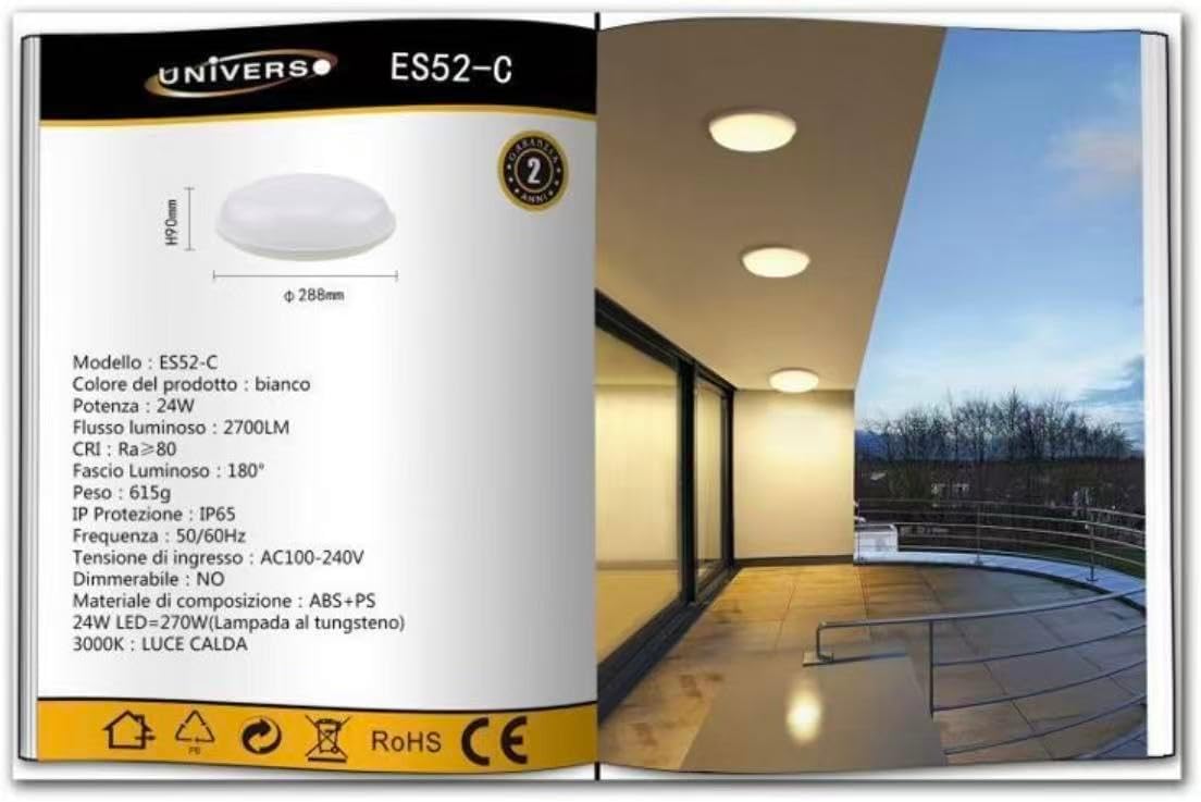 Plafoniera LED da Soffitto Esterno 24W IP65 – Lampada Impermeabile per Balcone, Garage e Corridoio, 2700LM, in ABS+PS, Luce Calda/Naturale/Fredda ES52