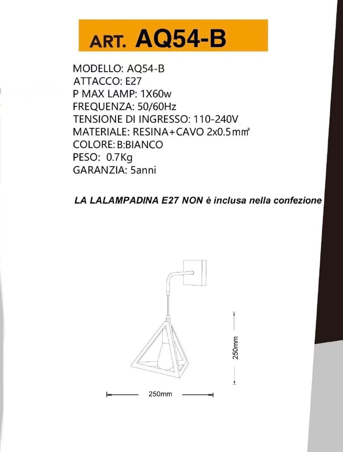 Applique da Muro E27 Ferro Battuto Design Geometrico Triangolare, 1xE27, Nero/Bianco, Vintage Industriale per Interni AQ54