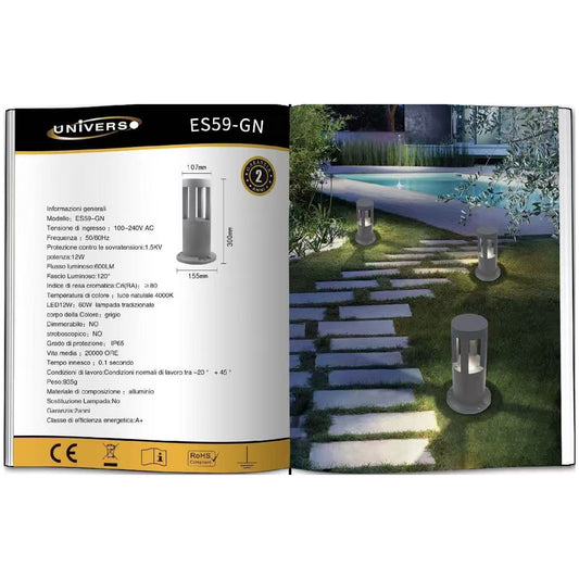 Lampada da Giardino LED IP65 12W 600LM | Paletto Luminoso per Esterno in Alluminio | Luce Calda/Naturale/Fredda | Grigio – Serie ES59