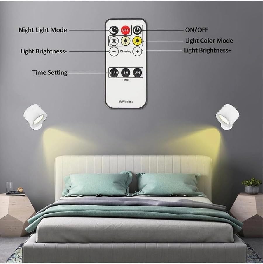 Applique LED da Muro 5W Ricaricabile USB, Lampada da Parete Moderna con 3 Colori (3000K-4500K-6500K), Rotonda in ABS, Bianco/Nero, per Camera da Letto Soggiorno Interni BD01