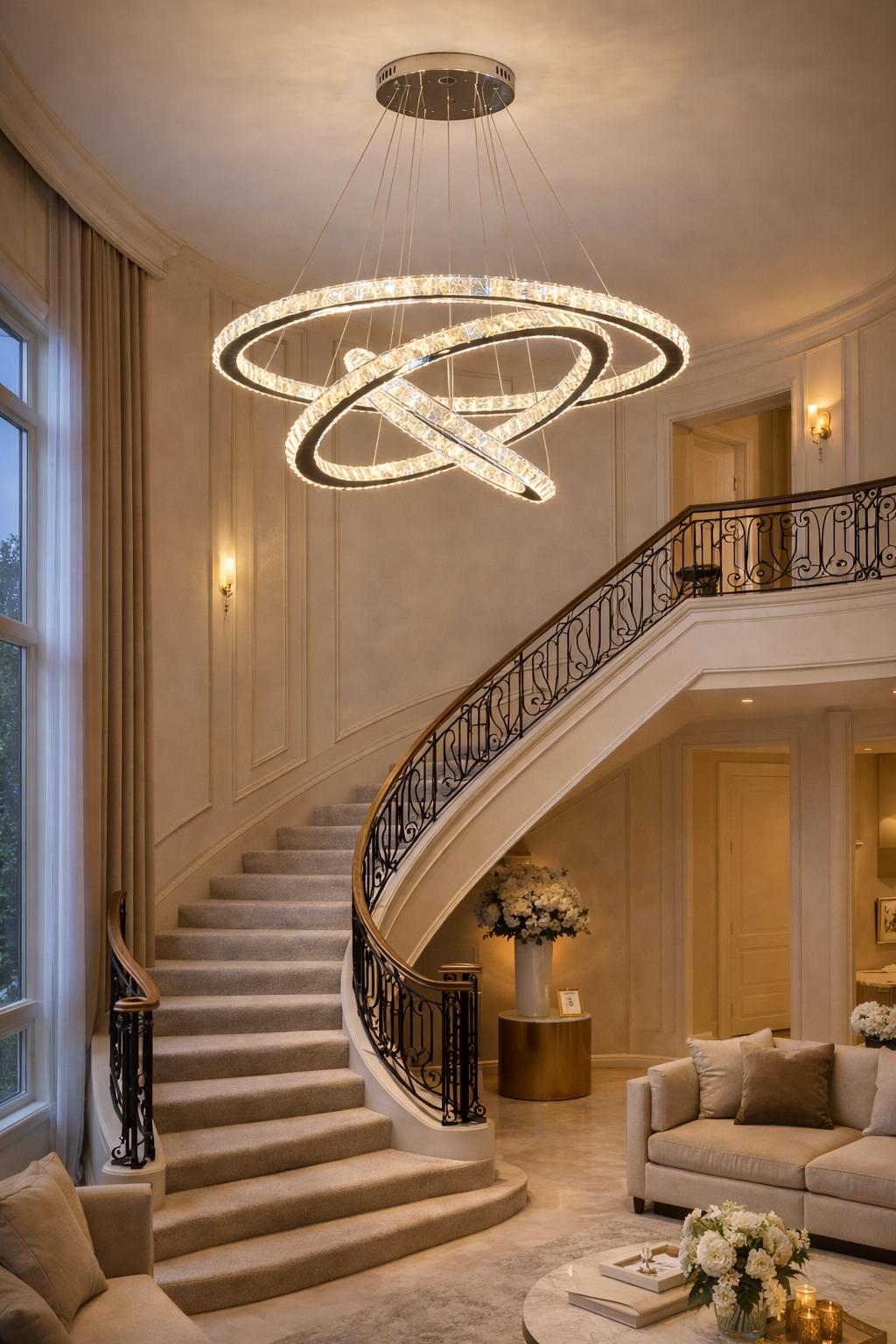 Lampadario LED Moderno a Sospensione 54W con 3 Anelli Cristallo, Telecomando, CCT 3000K 4000K 6500K, Lampada Design per Soggiorno Sala da Pranzo – A63-3C