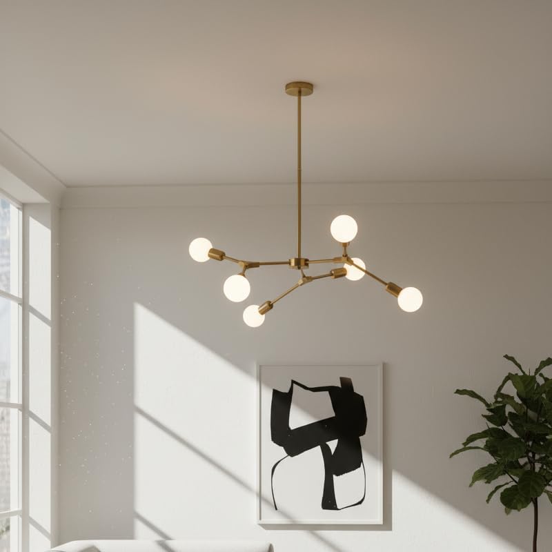 Lampadario Moderno a 6 Luci E27, Design Bracci Regolabili, Metallo Oro, Ideale per Soggiorno Cucina Camera da Letto – A45-6