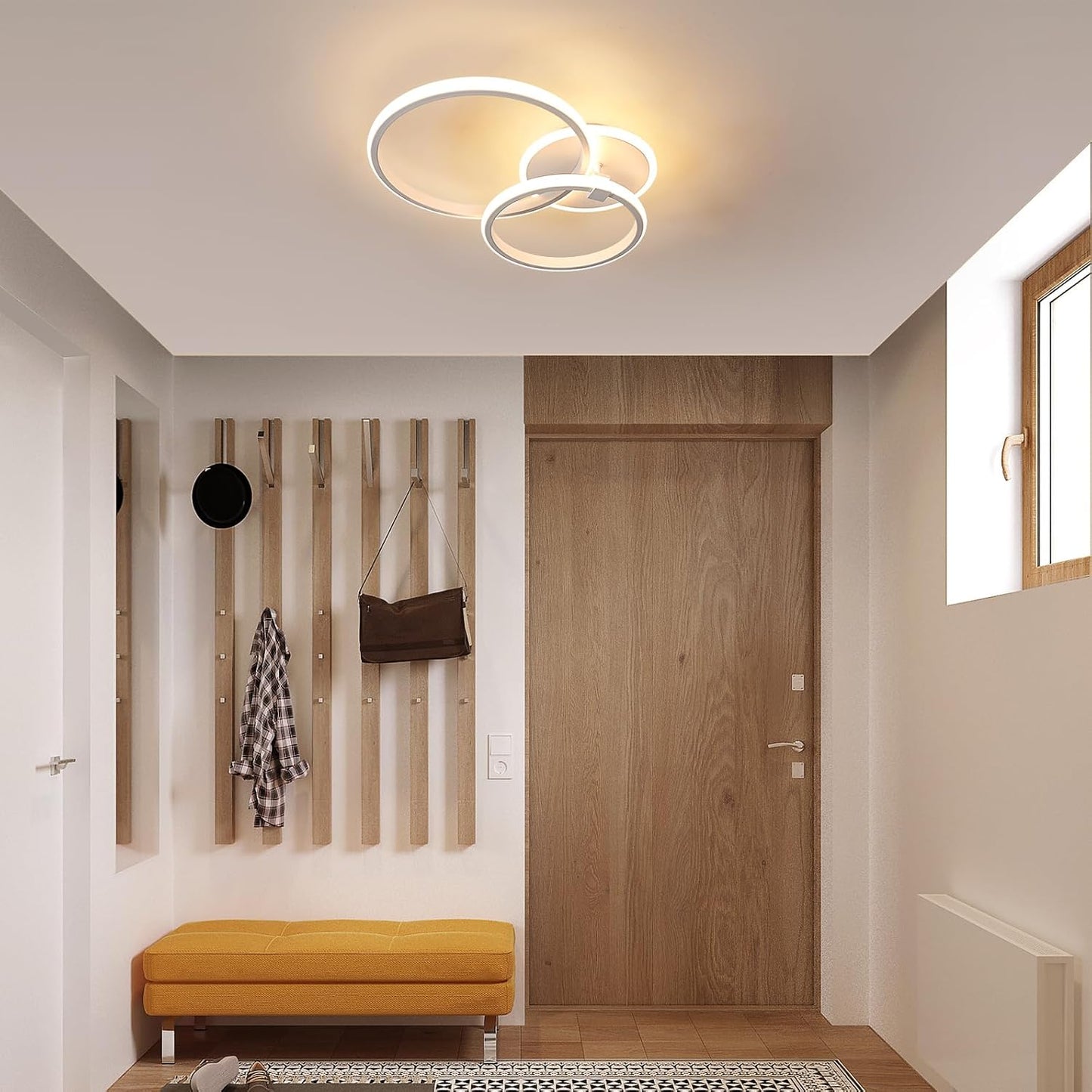 Plafoniera LED Moderna 42W, Lampadario da Soffitto a 3 Anelli in Alluminio, Luce Calda 3000K, Design Elegante, Ø62 cm, Bianco, Ideale per Soggiorno Camera da Letto Cucina C35