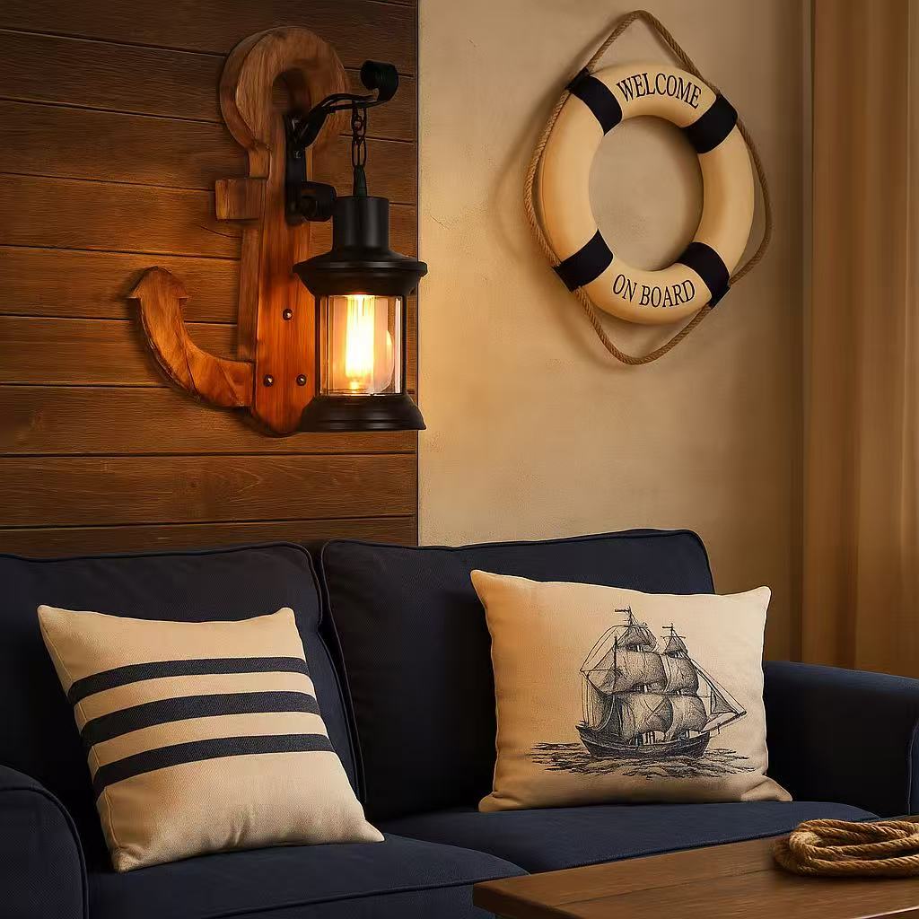 TEKHOME Applique da Muro Vintage in Legno a Forma di Ancora, Portalampada E27, Design Industriale Rustico con Vetro, Lampada da Parete Interni per Ristorante, Soggiorno e Corridoio – Modello E54
