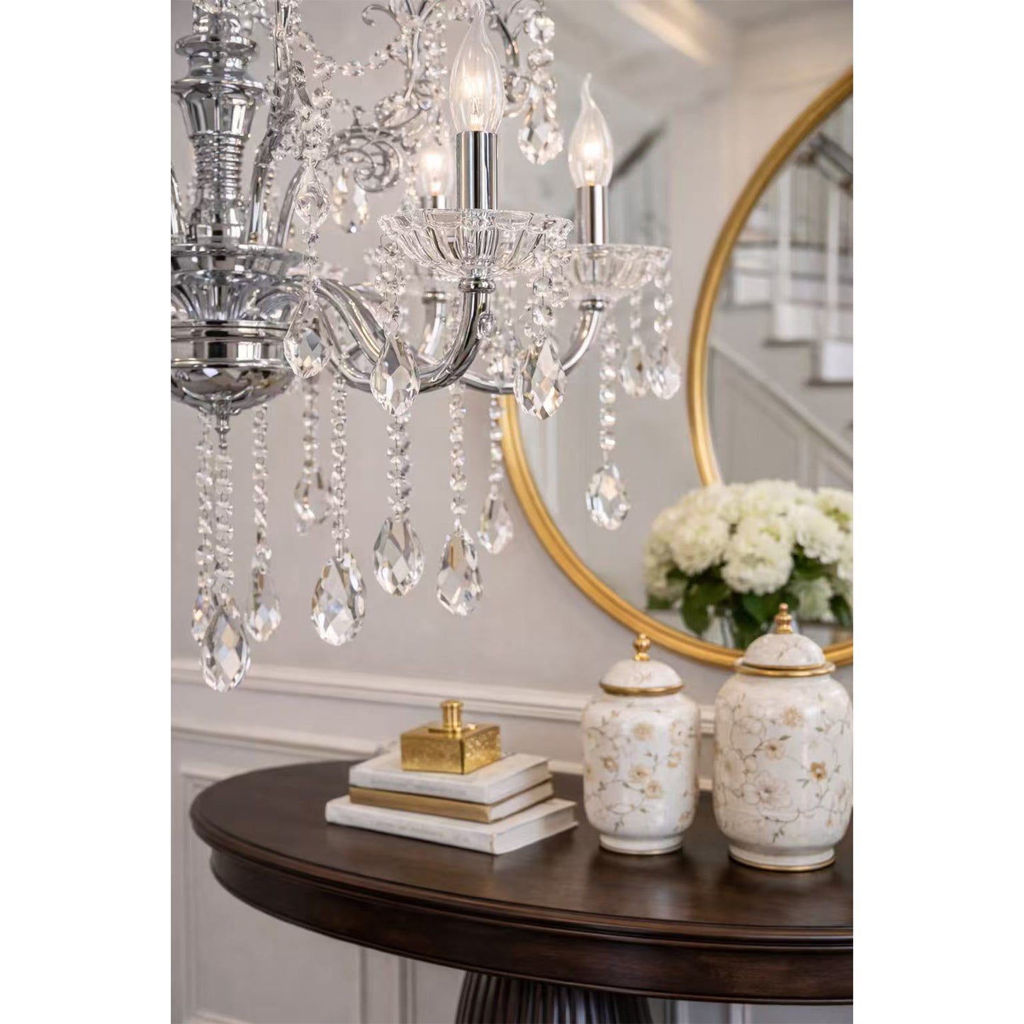 Lampadario Classico in Cristallo, 6 Luci E14, Stile Elegante per Soggiorno e Sala da Pranzo, Lampadario da Soffitto in Alluminio e Vetro – A18-A