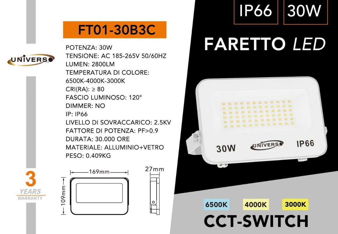 Faro LED Esterno CCT IP66 – 10W/20W/30W/50W/100W/200W – Selettore 3000K-4000K-6500K – Faretto LED da Esterno in Alluminio, Bianco o Grigio FT01
