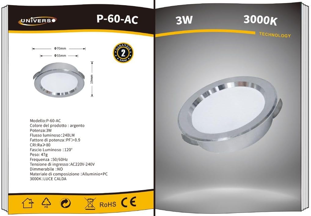 3PZ Lampadina da Soffitto LED 3W Ø70mm, 240LM, CRI≥80, Alluminio+PC, IP20, Foro Ø55mm, Angolo 120°, — Bianco o Argento, 3000K/4000K/6500K P60