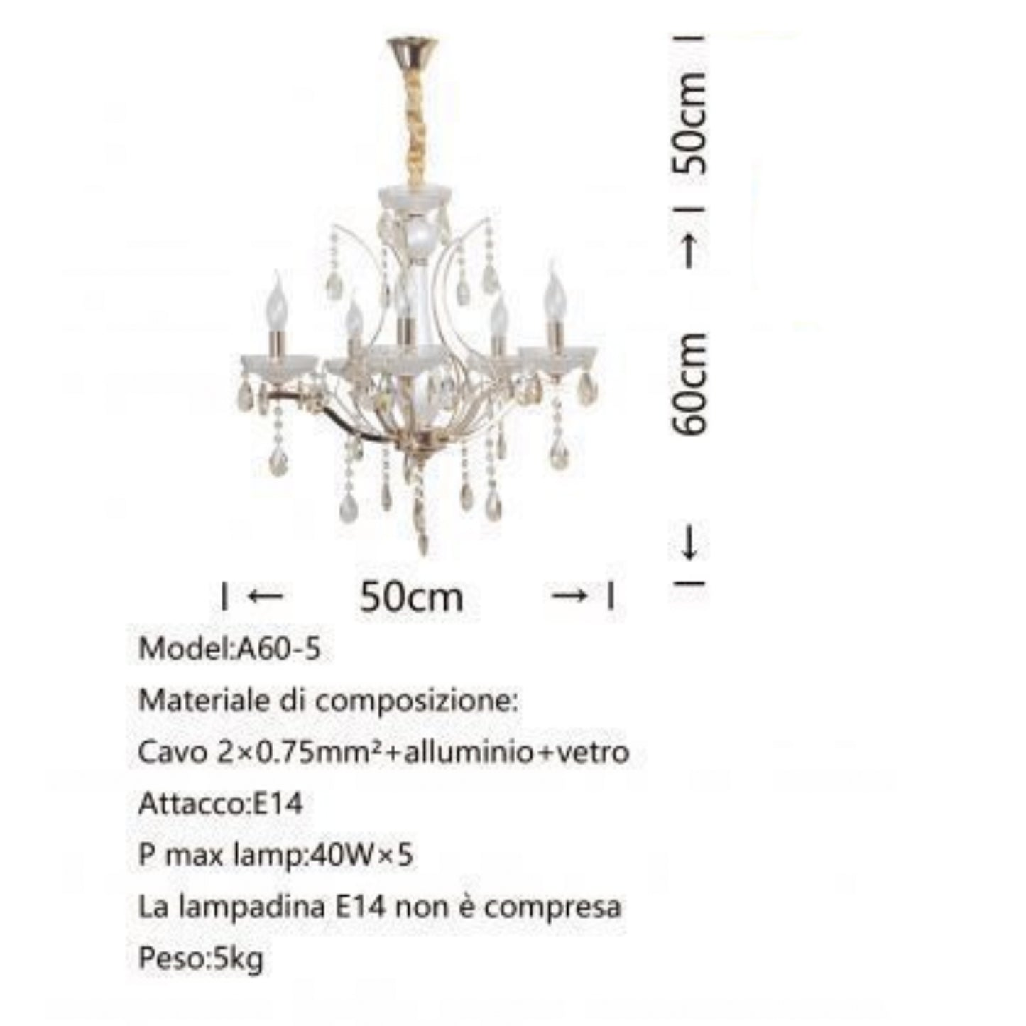 Lampadario in Cristallo Classico 5 Luci E14, Struttura in Metallo e Vetro Trasparente, Stile Elegante per Soggiorno e Sala da Pranzo – A60-5