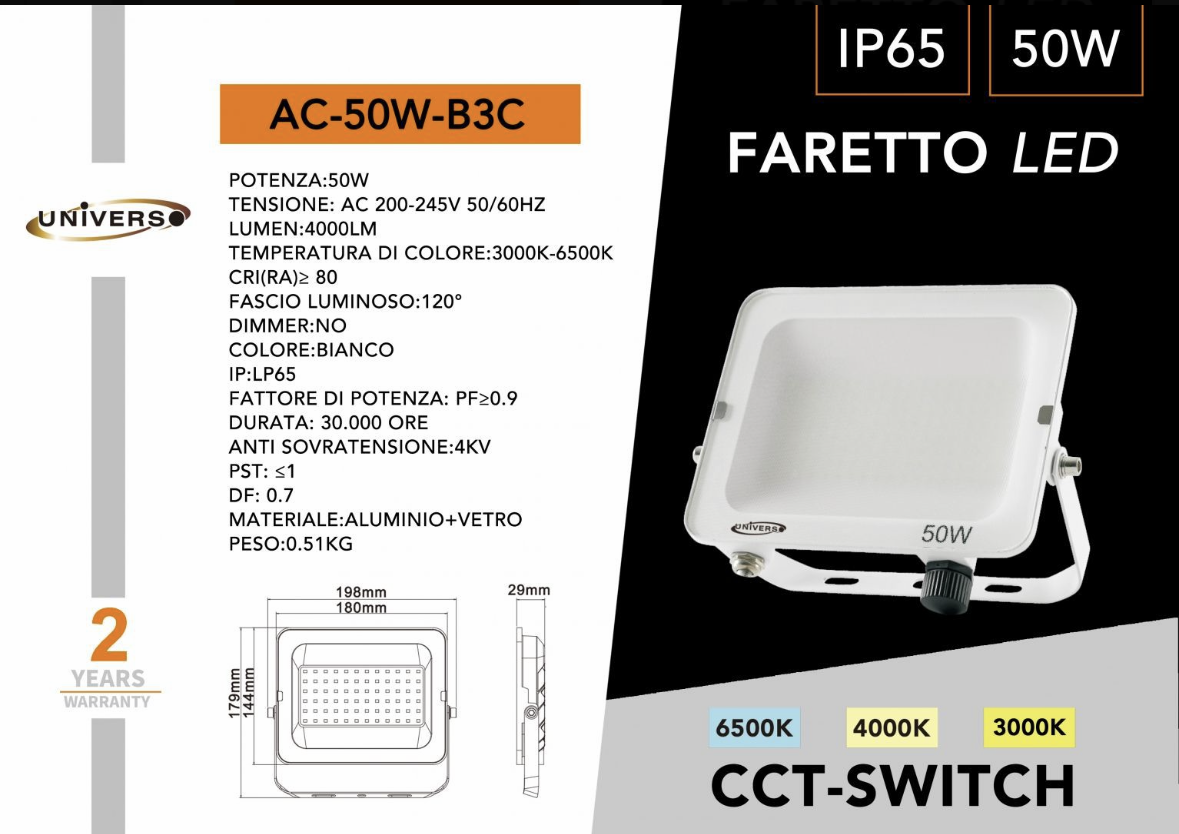 Faretto LED da Esterno IP65 – CCT Switch 3000K/4000K/6500K, 10W–50W, Faro LED Impermeabile per Giardino, Cortile, Garage- Serie AC