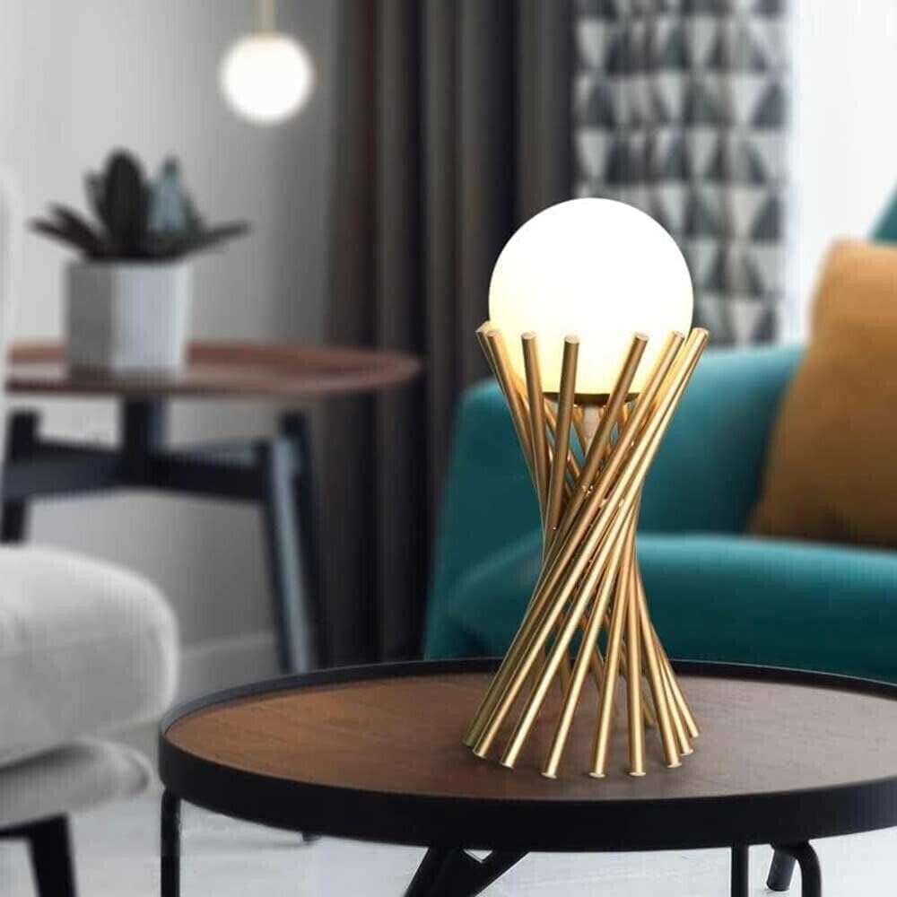 Lampada da tavolo in metallo tubolare sfera vetro G9 lume bronzo D32