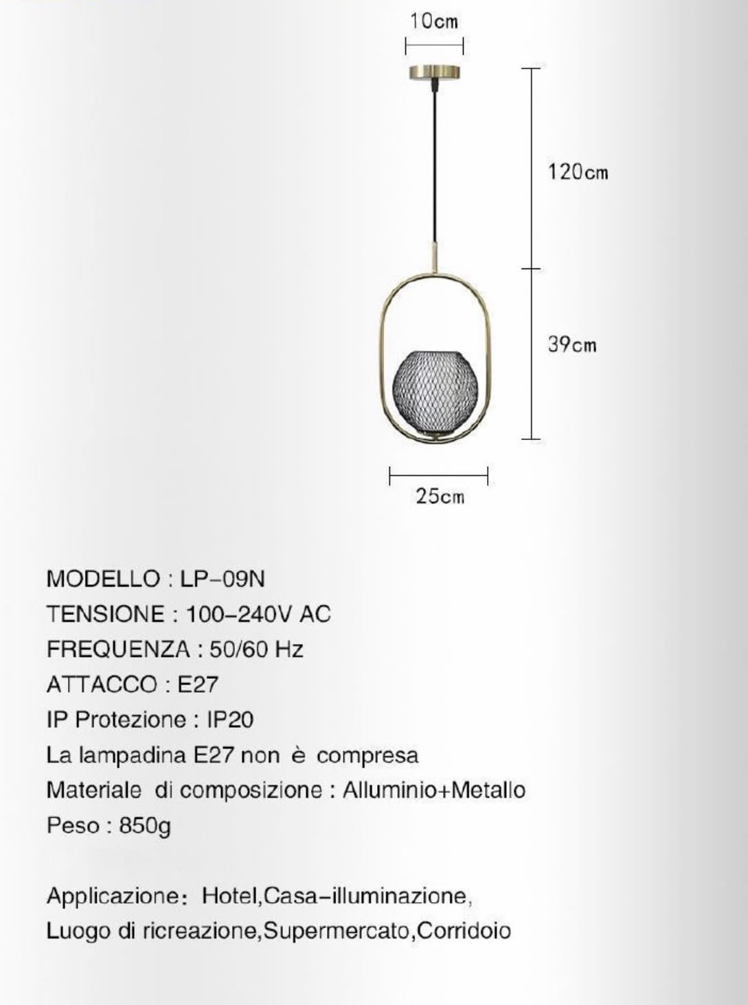 Lampadario a sospensione sospeso ovale sfera luce led E27 in metallo oro pendente semplice design moderno minimal minimalista per camera soggiorno LP-09