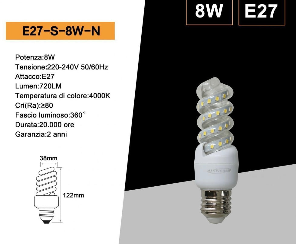 Lampadine LED E27 8W, Confezione da 10 Pezzi, 720LM, 3000K/4000K/6500K, Lampadina LED a Spirale, Luce Calda/Naturale/Fredda, CRI>80, Illuminazione 360°, Risparmio Energetico, Modello E27-S-8W