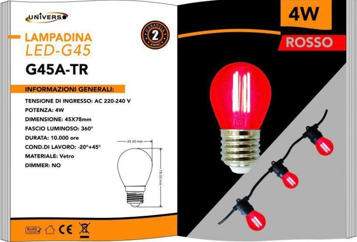 Lampadine LED E27 G45 4W, Confezione da 5 Pezzi, 440LM, 3000K/4000K/6500K e Colori Rosso Verde Blu, Lampadine Decorative in Vetro Trasparente, Luce a 360°, Basso Consumo, Modello G45A-T