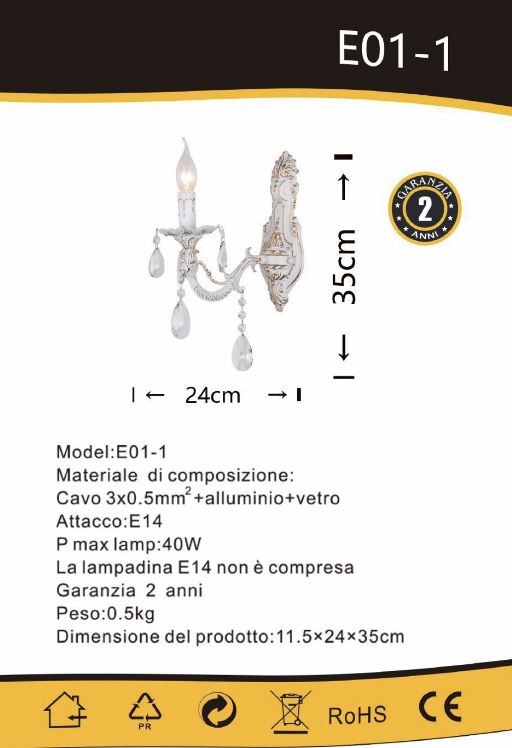 TEKHOME Applique da Parete Moderna a 1 Luce con Braccio Regolabile e Paralume in Vetro, Design Elegante in Oro e Bianco, Attacco E14 40W, per Interni, 24cm, (Senza Lampadina) E01-1