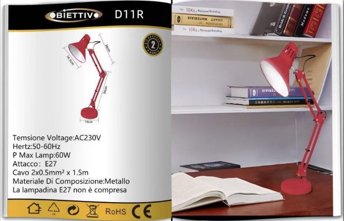 Lampada da Scrivania Orientabile E27 in Metallo – Lampada da Tavolo Moderna con Braccio Regolabile, Base Stabile, per Studio, Ufficio, Cameretta D11