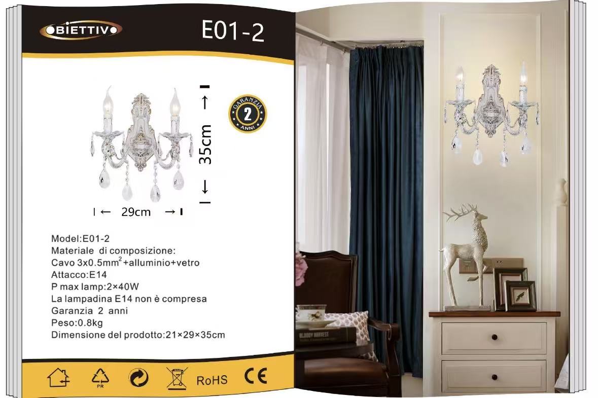 Applique da Parete Classica in Cristallo con Gocce – Lampada da Muro Stile Vintage Elegante per Camera e Salotto, Attacco E14 – E01-2