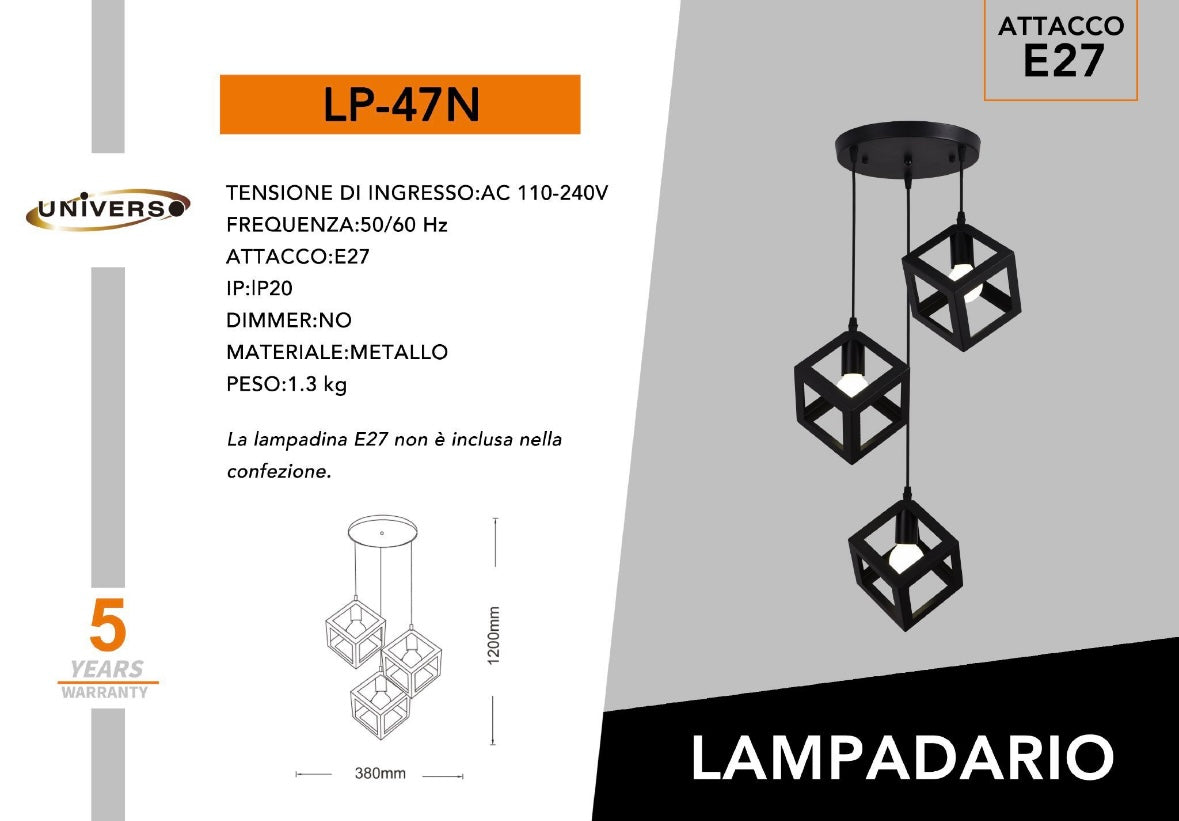 Lampadario a Sospensione con 3 Cubi Metallo, Attacco E27, Stile Moderno Industriale per Cucina Soggiorno Camera da Letto – 120cm Regolabile.Bianco/Nero/Marrone LP-47