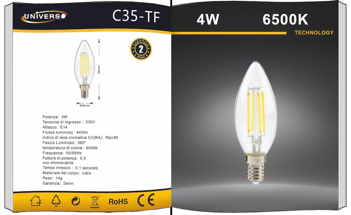 Lampadine LED E14 4W, Confezione da 5 Pezzi, 440LM, 3000K/4000K/6500K, Lampadine LED Decorative in Vetro Trasparente, Luce a 360°, Basso Consumo, Non Dimmerabili, Modello C35-TN