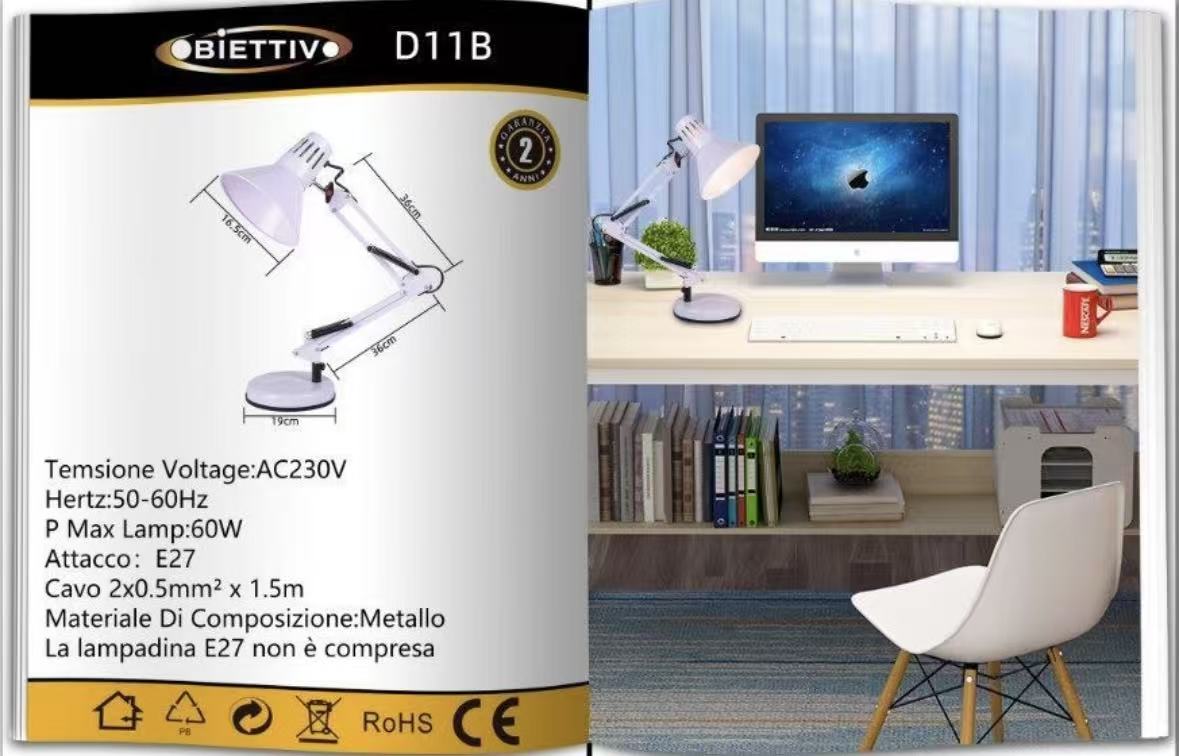 Lampada da Scrivania Orientabile E27 in Metallo – Lampada da Tavolo Moderna con Braccio Regolabile, Base Stabile, per Studio, Ufficio, Cameretta D11