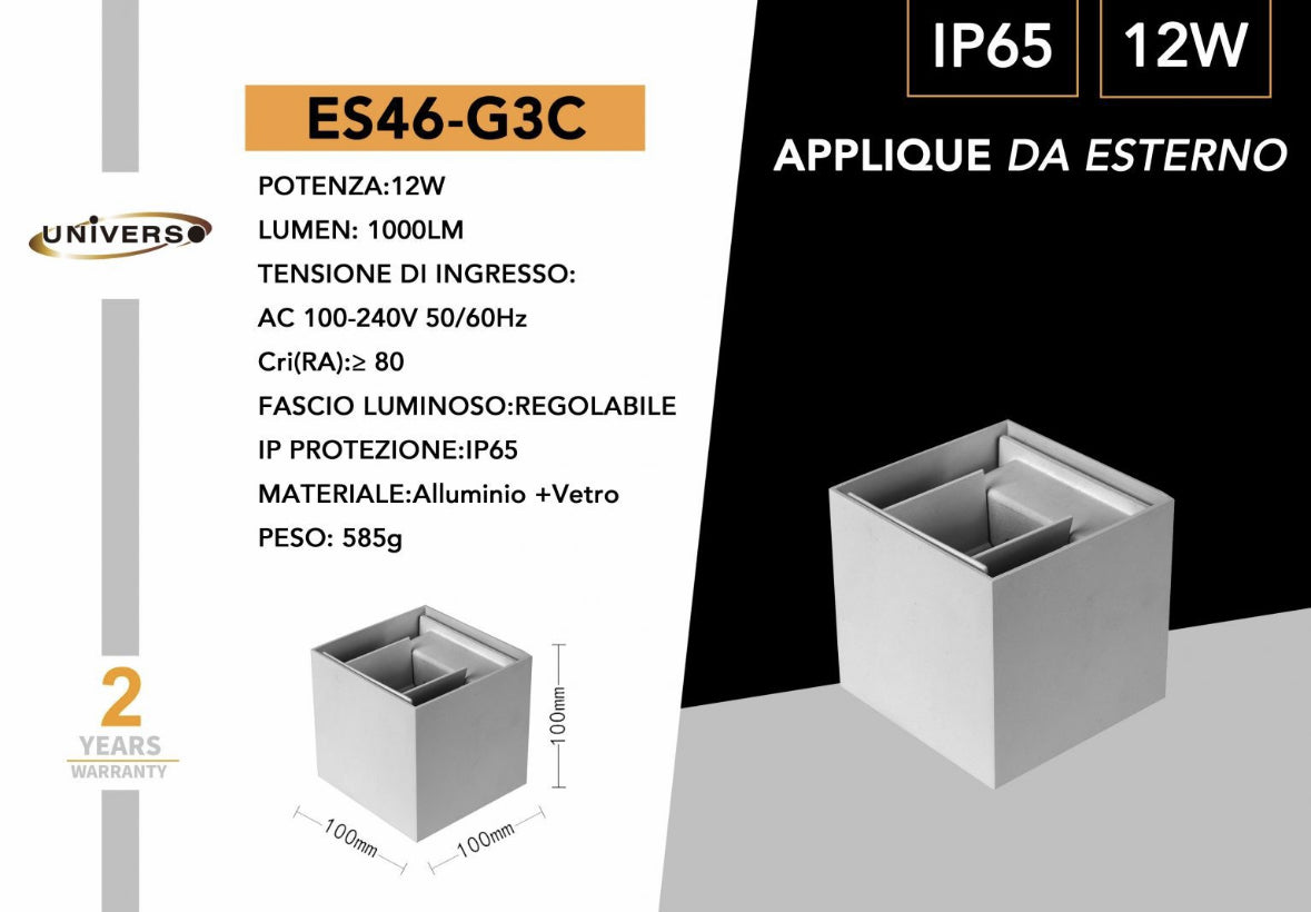 Applique da Esterno LED 12W IP65 – Lampada da Parete Regolabile con Fasci di Luce su e giù, CCT Switch 3000K/4000K/6500K, Alluminio Impermeabile per Facciata e Giardino ES46-3C
