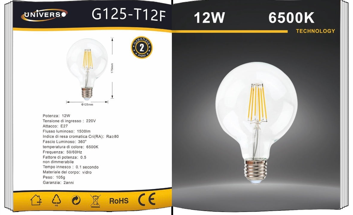 Lampadine LED E27 G125 12W, Confezione da 5 Pezzi, Globo XL Ø125mm, 1300-1500LM, Luce 2600K/3000K/4000K/6500K, Vetro Trasparente o Ambrato, Fascio Luminoso 360°, Basso Consumo,G125-T12