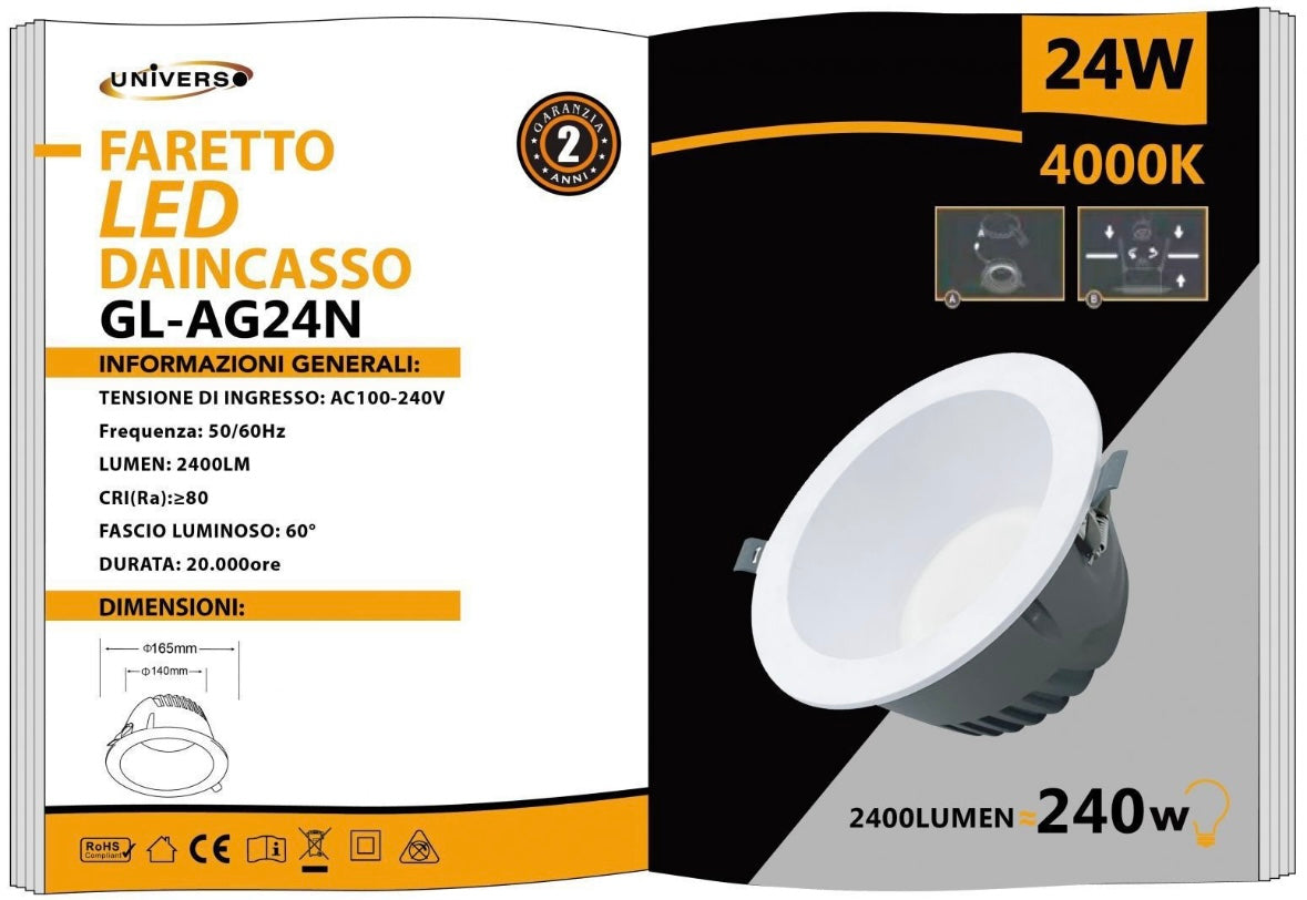 Faretto LED da Incasso 24W 2400LM, Downlight Rotondo da Soffitto, Fascio 60°, CRI ≥80, Foro Ø140 mm, Diametro Ø165 mm, 3000K/4000K/6500K, 1 Pezzo, GL-AG24