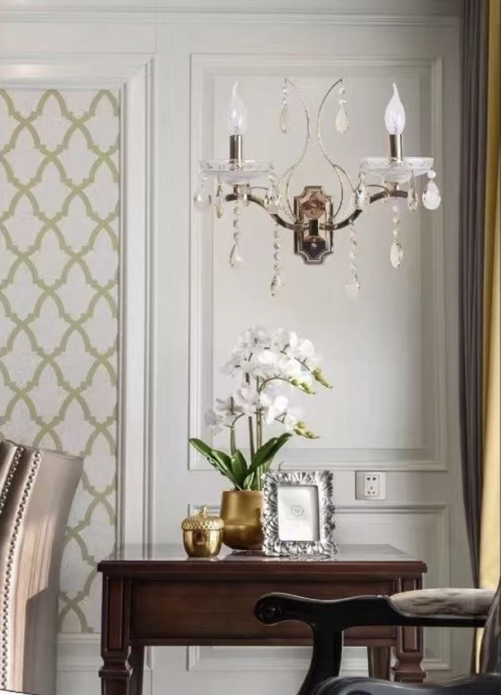 TEKHOME Applique da Parete Classica con Cristalli, 2XE14, Oro, Lampada da Parete in Stile Candelabro per Soggiorno, Camera da Letto, Corridoio E68-2