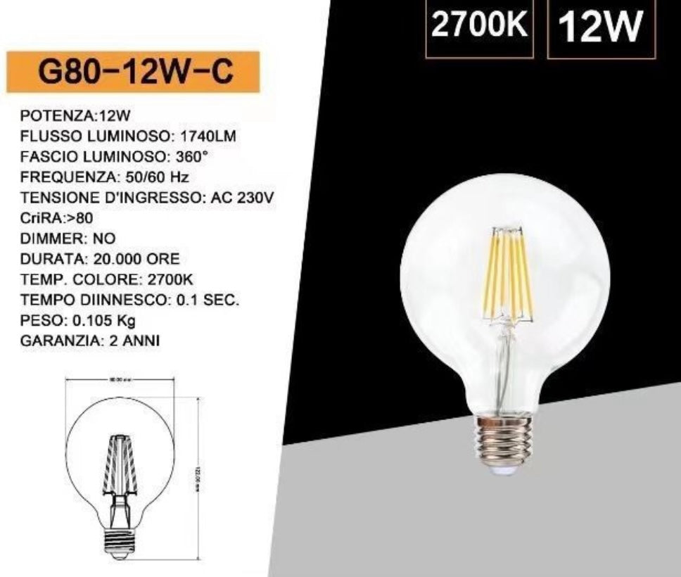 Lampadine LED E27 G80 12W, Confezione da 5 Pezzi, 1740LM, Luce 2700K/4000K/6500K, Globo in Vetro Trasparente Ø80mm, Illuminazione a 360°, Basso Consumo Energetico, Modello G80-12W