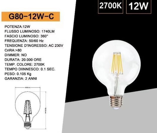 Lampadine LED E27 G80 12W, Confezione da 5 Pezzi, 1740LM, Luce 2700K/4000K/6500K, Globo in Vetro Trasparente Ø80mm, Illuminazione a 360°, Basso Consumo Energetico, Modello G80-12W