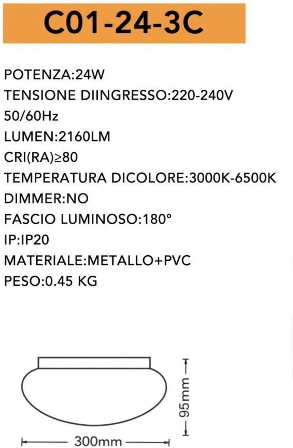 TEKHOME Plafoniera LED 300mm, 24W, 3000K-6500K, Luce Bianco Caldo/Naturale/Freddo, Copertura Latte, 3 Colori Selezionabili con Interruttore C01-24-3C
