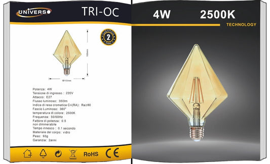 Lampadine LED Decorative E27 a Forma di Diamante, Confezione da 5 Pezzi, 4W 2500K, 350LM, Vetro Ambrato, Luce Extra Calda, 360°, Lampadina Design Vintage, Non Dimmerabile, Modello TRI-OC