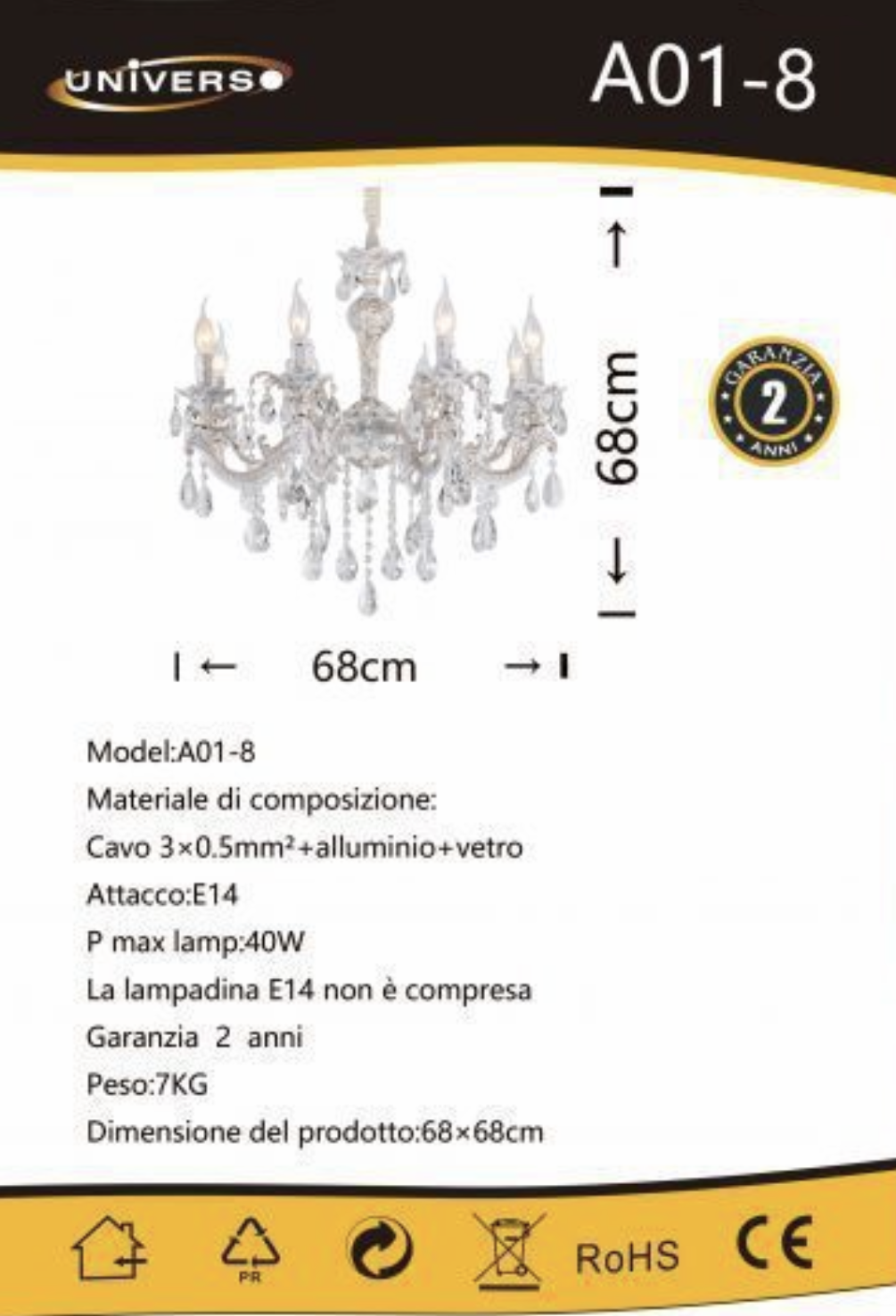 TEKHOME Lampadario Sospeso di Lusso con 8 Luci, Vetro e Finitura Oro, Attacco E14, 40W Max per Lampada, per Grandi Interni, Dimensioni 68x68cm (Lampadine Non Incluse) A01-8