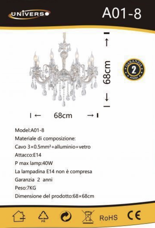 TEKHOME Lampadario Sospeso di Lusso con 8 Luci, Vetro e Finitura Oro, Attacco E14, 40W Max per Lampada, per Grandi Interni, Dimensioni 68x68cm (Lampadine Non Incluse) A01-8