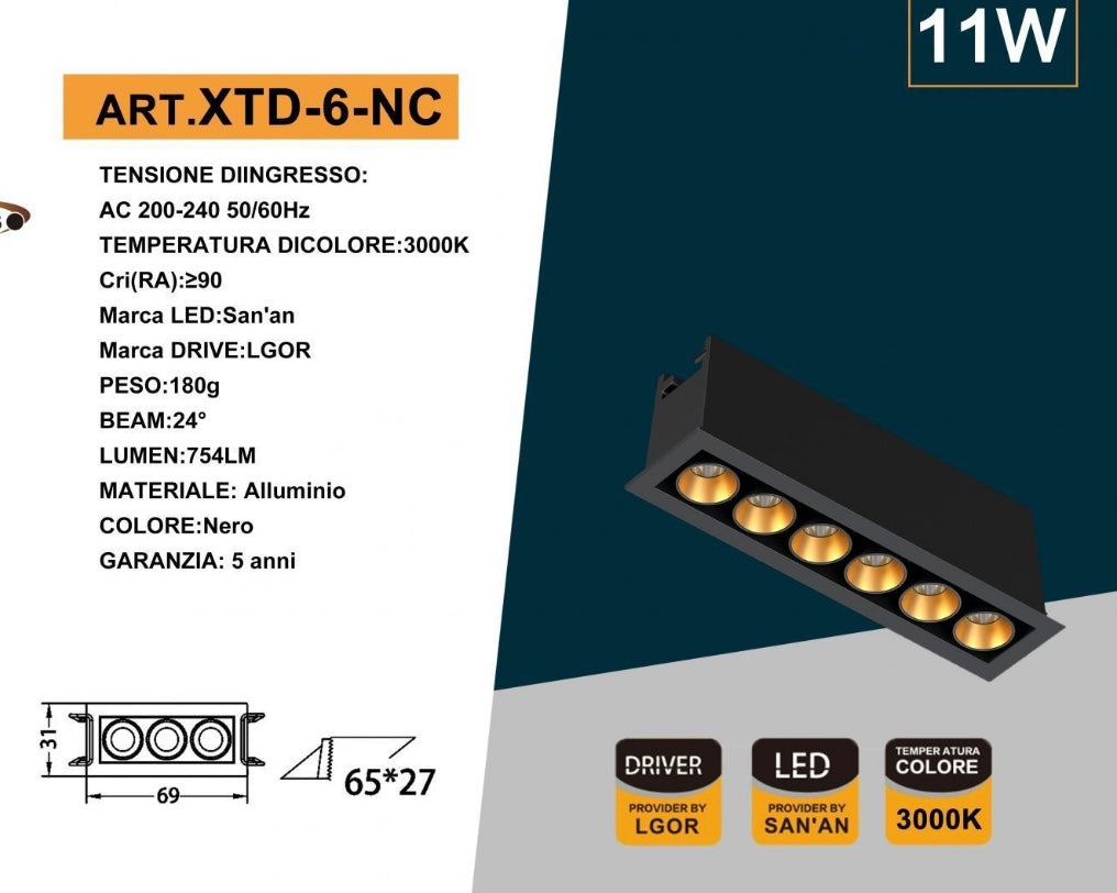 Faretto LED da Incasso Rettangolare 11W, 6 Spot, CRI ≥90, Fascio 24°, Alluminio Nero, Faretti da Incasso per Cartongesso e Controsoffitto, 3000K/4000K/6500K, 1 Pezzo, XTD-6-N