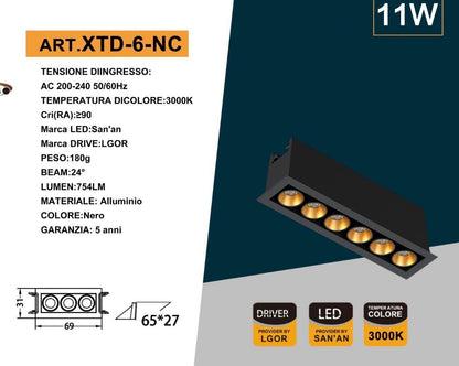 Faretto LED da Incasso Rettangolare 11W, 6 Spot, CRI ≥90, Fascio 24°, Alluminio Nero, Faretti da Incasso per Cartongesso e Controsoffitto, 3000K/4000K/6500K, 1 Pezzo, XTD-6-N