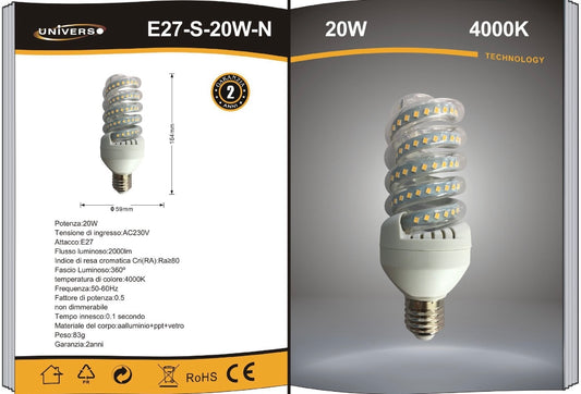 Lampadine LED E27 20W, Confezione da 10 Pezzi, 2000LM, 3000K/4000K/6500K, Luce Calda, Naturale e Fredda, Lampadina LED a Spirale, CRI>80, Illuminazione 360°, Risparmio Energetico,E27-S-20W