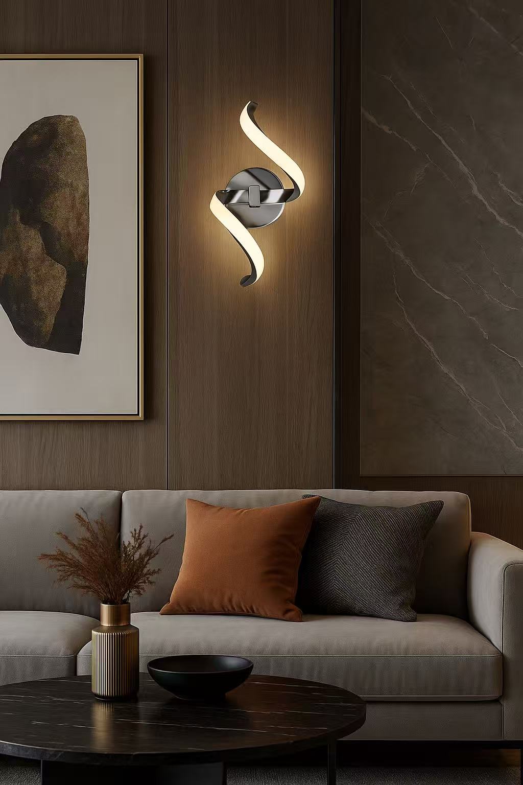 TEKHOME Applique LED da Parete 9W E58-A3C, Argento, Dimmerabile, 3 Colori Selezionabili 3000K-4000K-6500K, Design Moderno a Onde per Camera, Soggiorno e Corridoio