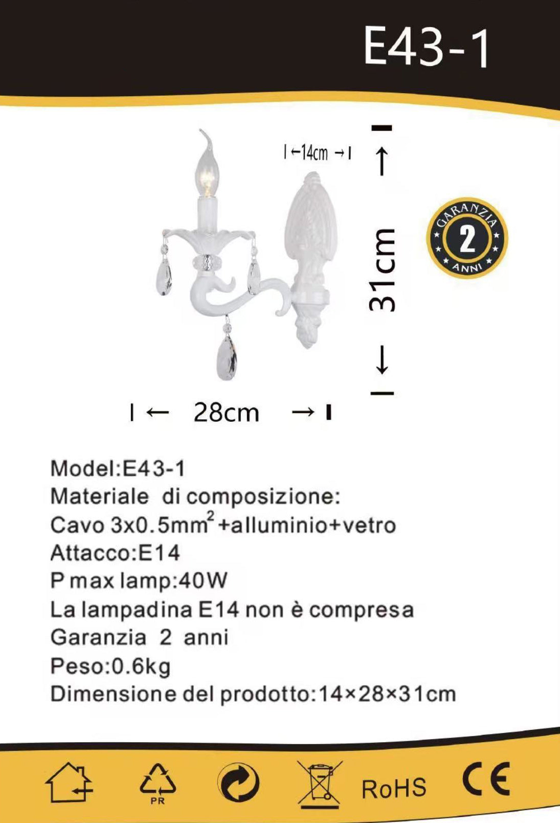 Applique da Parete Classica 1 Luce,Stile Candelabro con Pendenti in Vetro,Attacco E14,Struttura in Metallo,Nero/Bianco,Lampada da Parete per Camera da Letto,Soggiorno e Corridoio E43-1