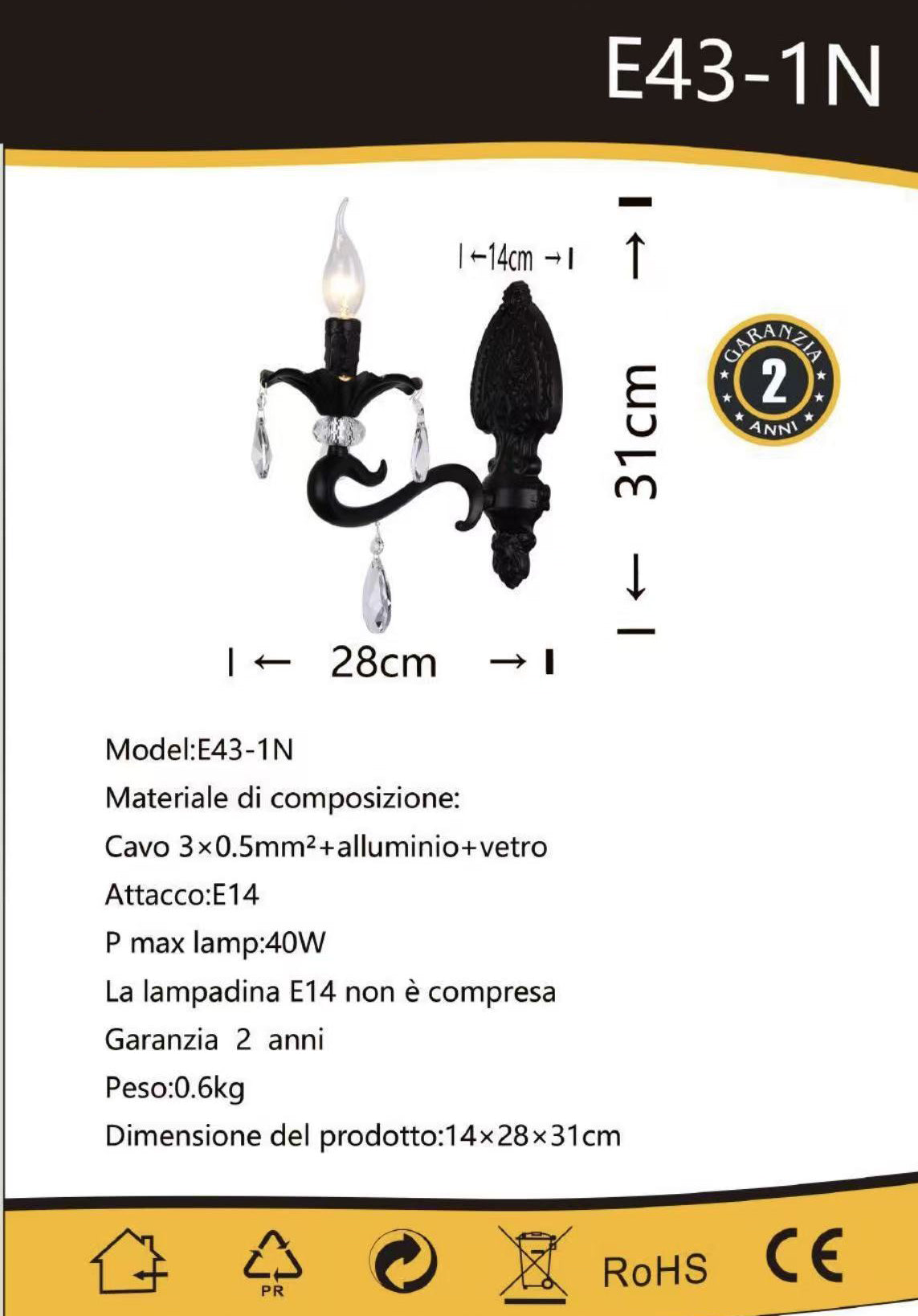 Applique da Parete Classica 1 Luce,Stile Candelabro con Pendenti in Vetro,Attacco E14,Struttura in Metallo,Nero/Bianco,Lampada da Parete per Camera da Letto,Soggiorno e Corridoio E43-1