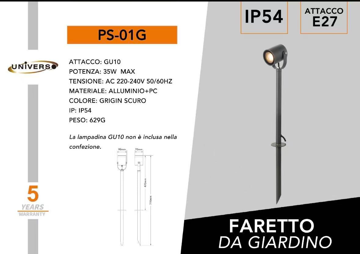 Faretto da Giardino con Picchetto IP54, Attacco GU10, Orientabile, Impermeabile, in Alluminio, Ideale per Esterno, Piante e Vialetti – Modello PS-01G