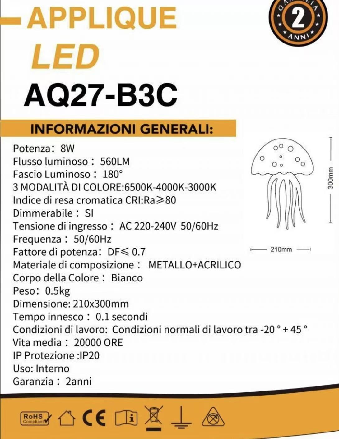TEKHOME Applique da muro LED 8W design creativo a forma di medusa, 3 temperature colore 3000K-4000K-6500K, lampada da parete moderna per soggiorno e camera da letto AQ27-B3C