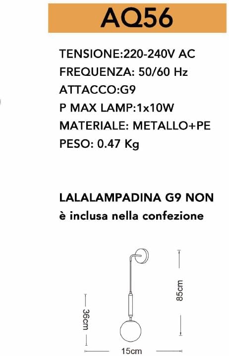 Applique a parete pendente in stile contemporaneo con attacco G9 di colore bronzo con sfera in vetro AQ56
