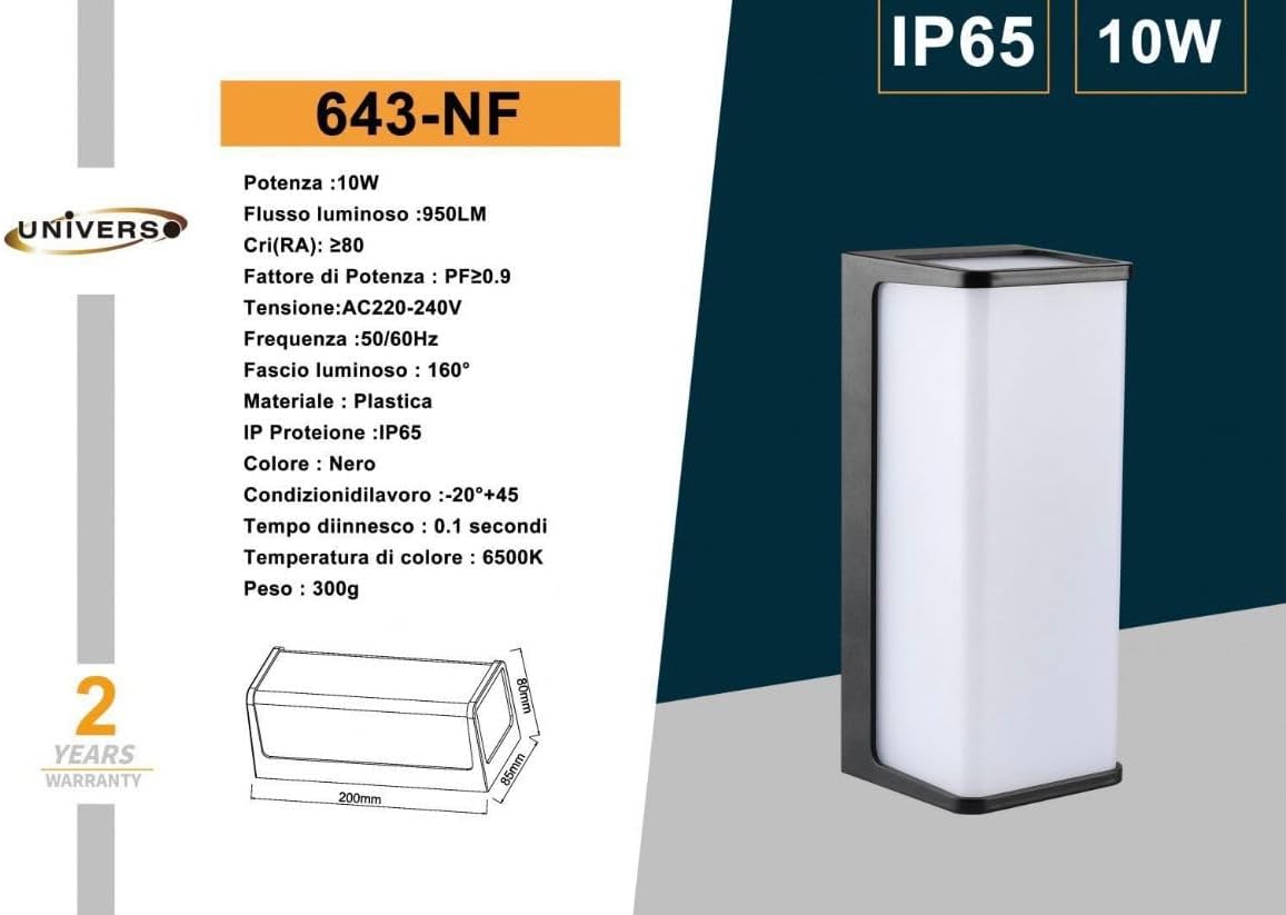 Applique da Esterno LED IP65 10W – Lampada da Parete Moderna Rettangolare per Esterno e Interno, 3000K/4000K/6500K, Bianco o Nero, 950 Lumen, Impermeabile 643