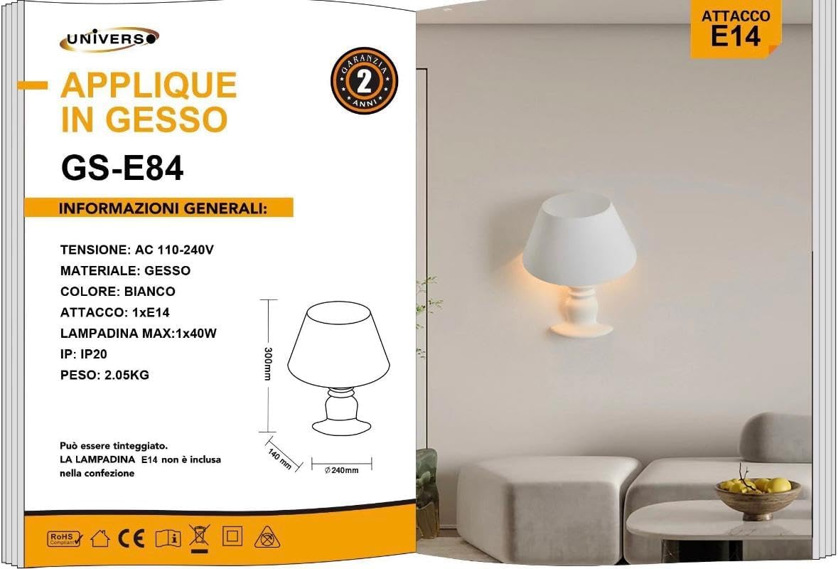 Applique da Parete in Gesso Bianca E14, Lampada da Muro Verniciabile Stile Classico per Interni, IP20 – GS-E84