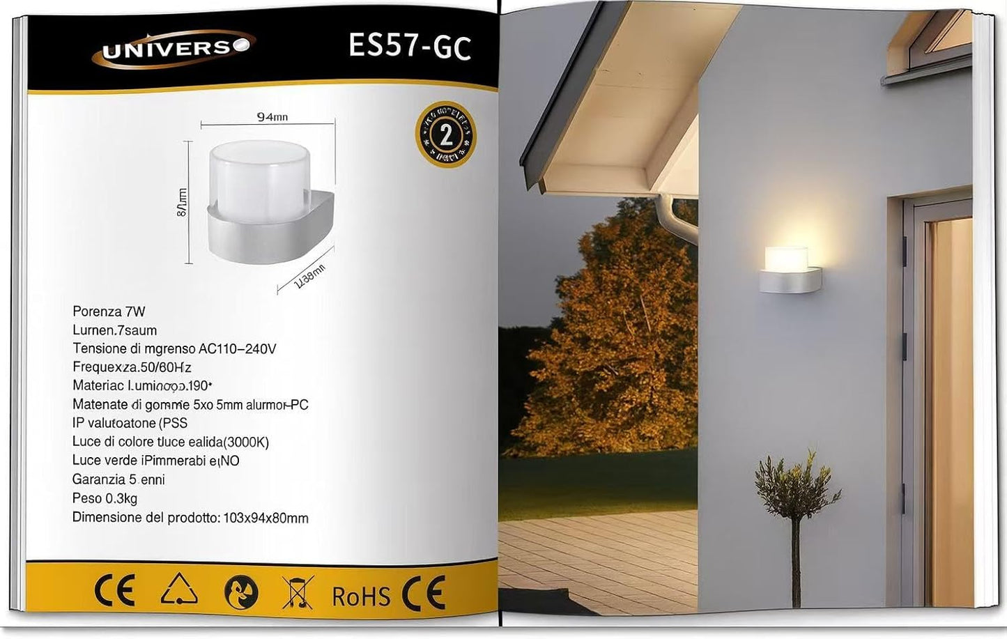 Applique da Esterno 7W 3000K IP65 – Lampada da Parete Impermeabile in Alluminio, Luce Calda, Design Moderno, Ideale per Facciata e Balcone ES57