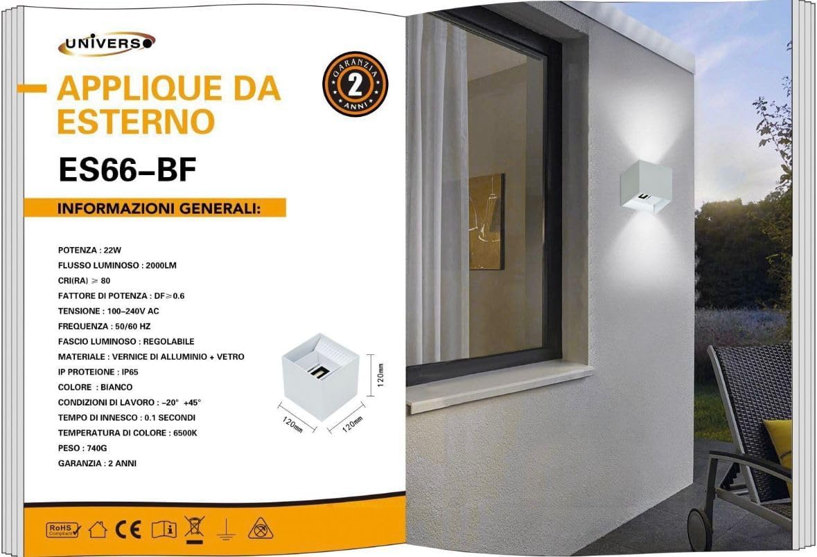 Applique da Esterno LED 22W IP65 – Lampada da Parete Moderna Up&Down Regolabile, Alluminio, 2000 Lumen, Bianco/Nero/Grigio, Luce 3000K/4000K/6500K ES66