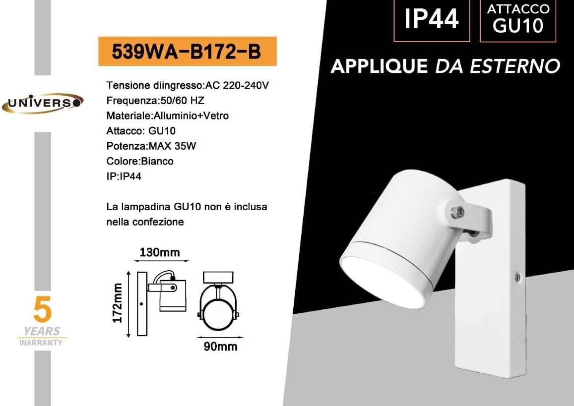 Applique da Esterno GU10 IP44, Faretto da Parete Orientabile in Alluminio e Vetro, Attacco GU10 (Lampadina no), Impermeabile per Giardino, Balcone e Facciata - Bianco/Grigio Scuro B172