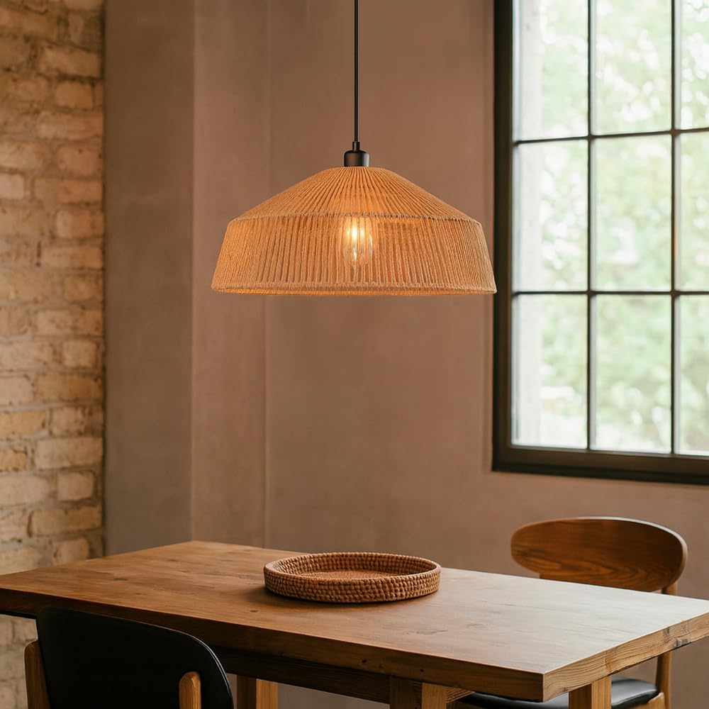 Lampadario a Sospensione in Stile Boho 40/50cm, Paralume in Rattan/Filo di Corda, Attacco E27, Altezza Regolabile, Illuminazione per Cucina Soggiorno Sala da Pranzo – Naturale LP-48